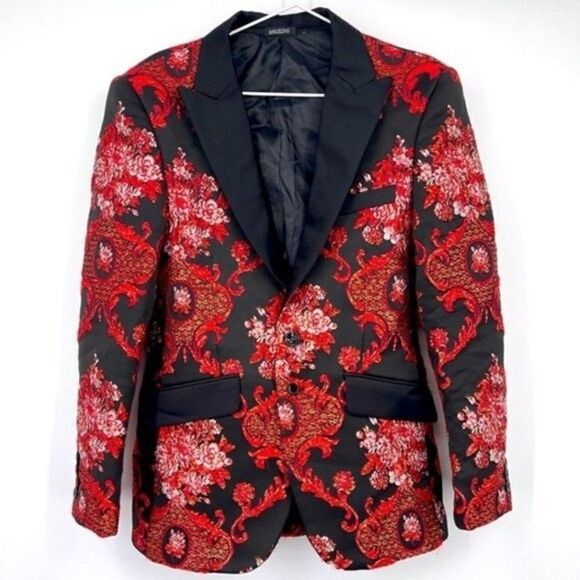 Angelino Mens blazer size 36 black floral red embroidery - Picture 1 of 7